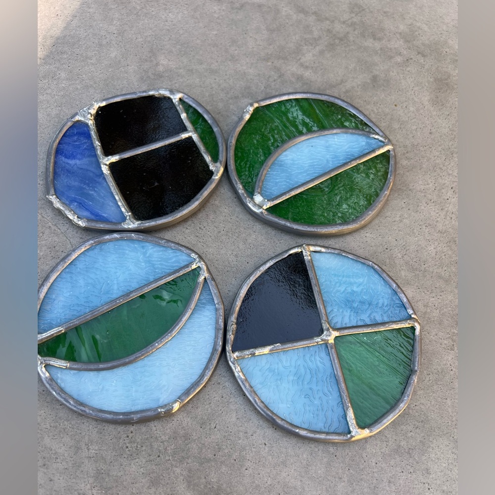 Vintage Stained Glass Coasters Round Leaded Suncatchers Blue Green Set of 4